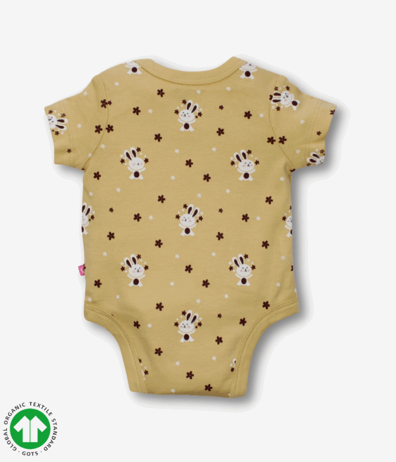 Girls Short sleeve bodysuit in young wheat color with rabbit prints, envelope neck design and snap crotch