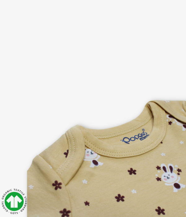Girls Short sleeve bodysuit in young wheat color with rabbit prints, envelope neck design and snap crotch