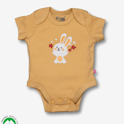Girls Short sleeve bodysuit in young wheat color with rabbit embroidery, envelope neck design and snap crotch