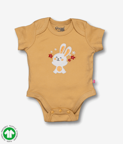 Girls Short sleeve bodysuit in young wheat color with rabbit embroidery, envelope neck design and snap crotch