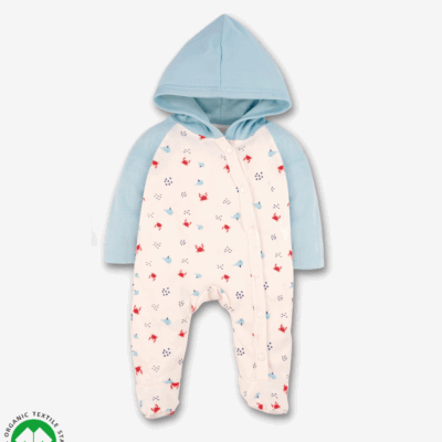 Boys Footed full sleeve Romper/fullsie/onesie/ all in one hoodie in cool blue and white color with snap openings along the side