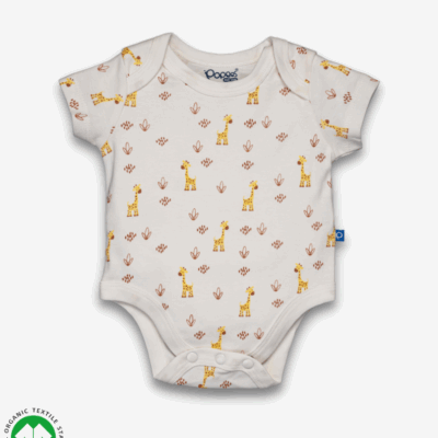 Unisex short sleeve bodysuit in ivory color with envelope neck design and snap crotch.Giraffe prints