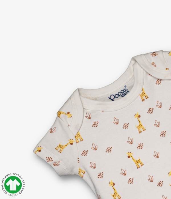 Unisex short sleeve bodysuit in ivory color with envelope neck design and snap crotch.Giraffe prints