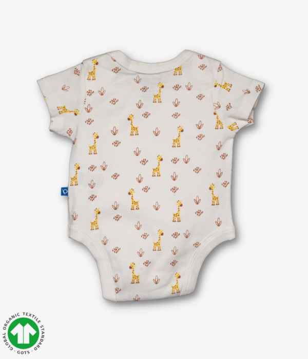 Unisex short sleeve bodysuit in ivory color with envelope neck design and snap crotch.Giraffe prints
