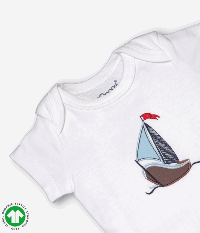 Unisex Short sleeve bodysuit in white color with envelope neck design and snap crotch