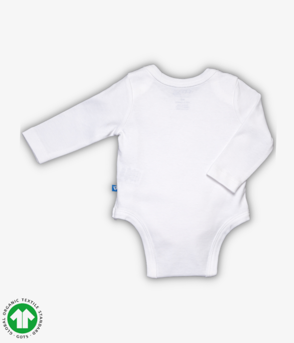 Boys full sleeve bodysuit in white color with envelope neck design and snap crotch