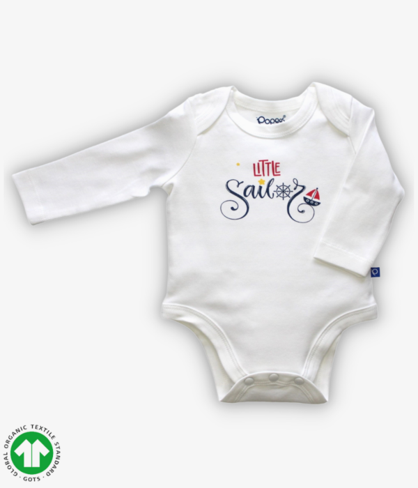 Boys full sleeve bodysuit in white color with envelope neck design and snap crotch