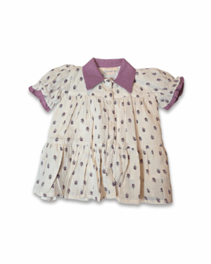 Floral printed girl dress with purple collar, front button closure, and short elastic sleeves