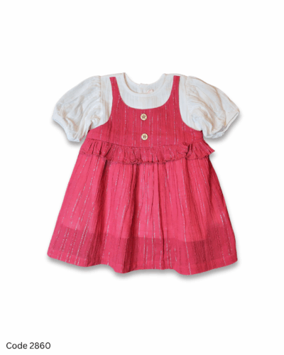 Pink and white girl dress with short sleeves, shimmery lines and back button closure.