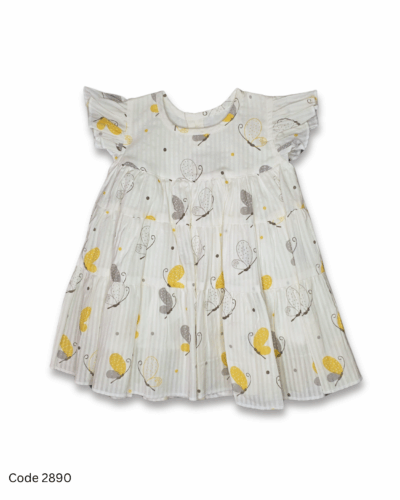 White girl dress with flutter sleeves and yellow-grey butterfly prints