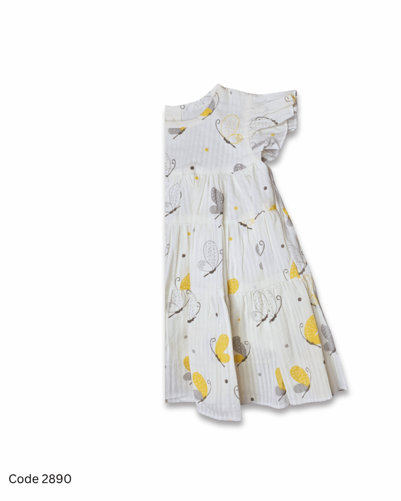 White girl dress with flutter sleeves and yellow-grey butterfly prints