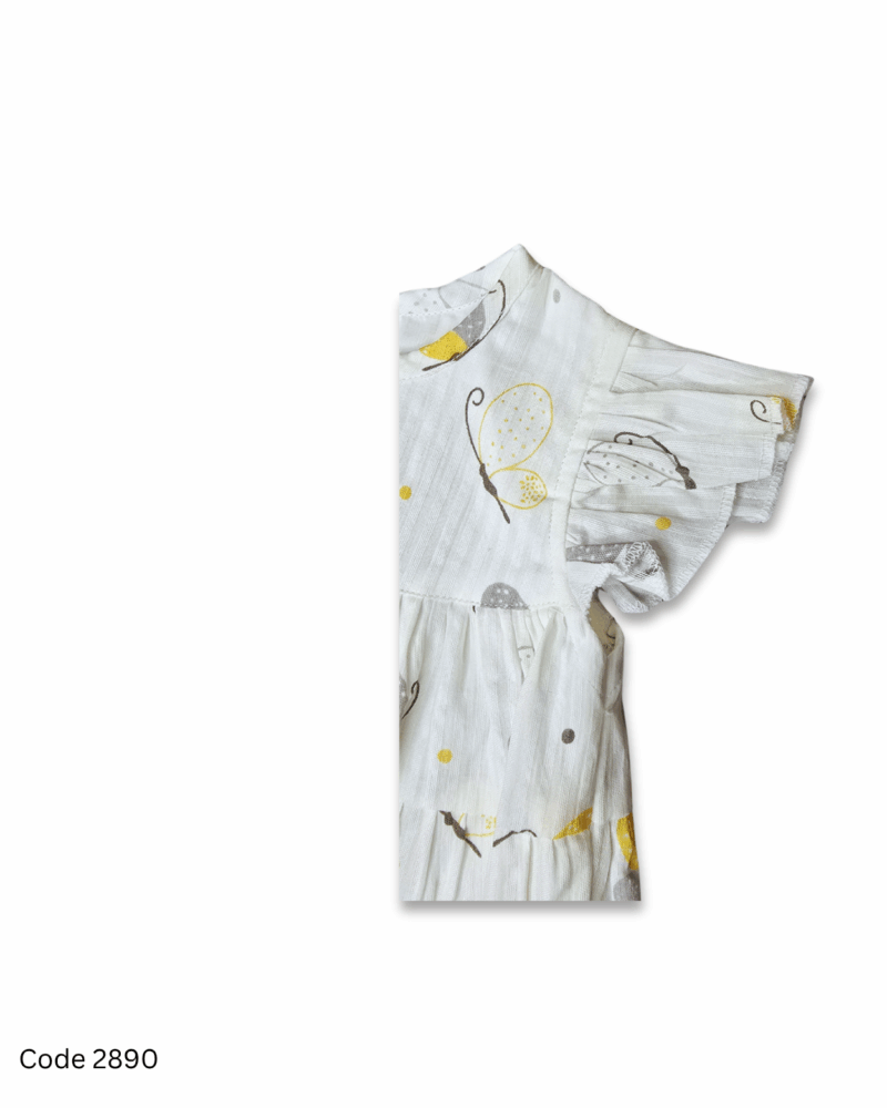 White girl dress with flutter sleeves and yellow-grey butterfly prints