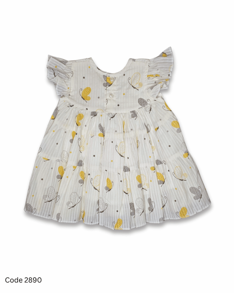 White girl dress with flutter sleeves and yellow-grey butterfly prints