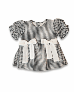 Black and white check girl dress with white bow and back button closure