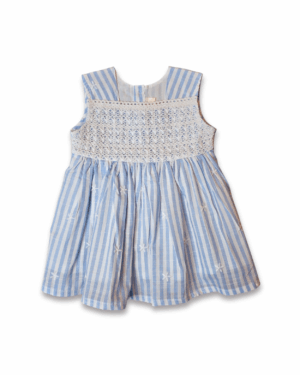 Sleeveless girl dress with blue and white stripes, lace yoke, floral embroidery, and back button closure.