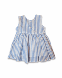 Sleeveless girl dress with blue and white stripes, lace yoke, floral embroidery, and back button closure.