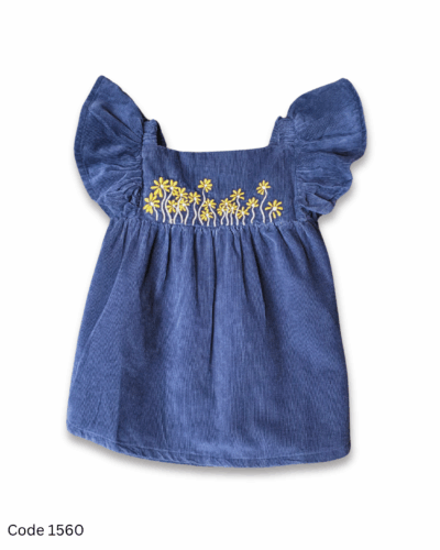 Navy blue corduroy girl dress with flutter elastic sleeves and floral embroidery yoke