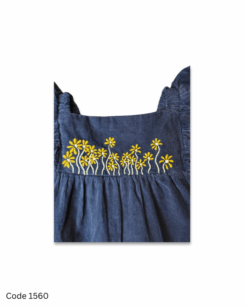 Navy blue corduroy girl dress with flutter elastic sleeves and floral embroidery yoke