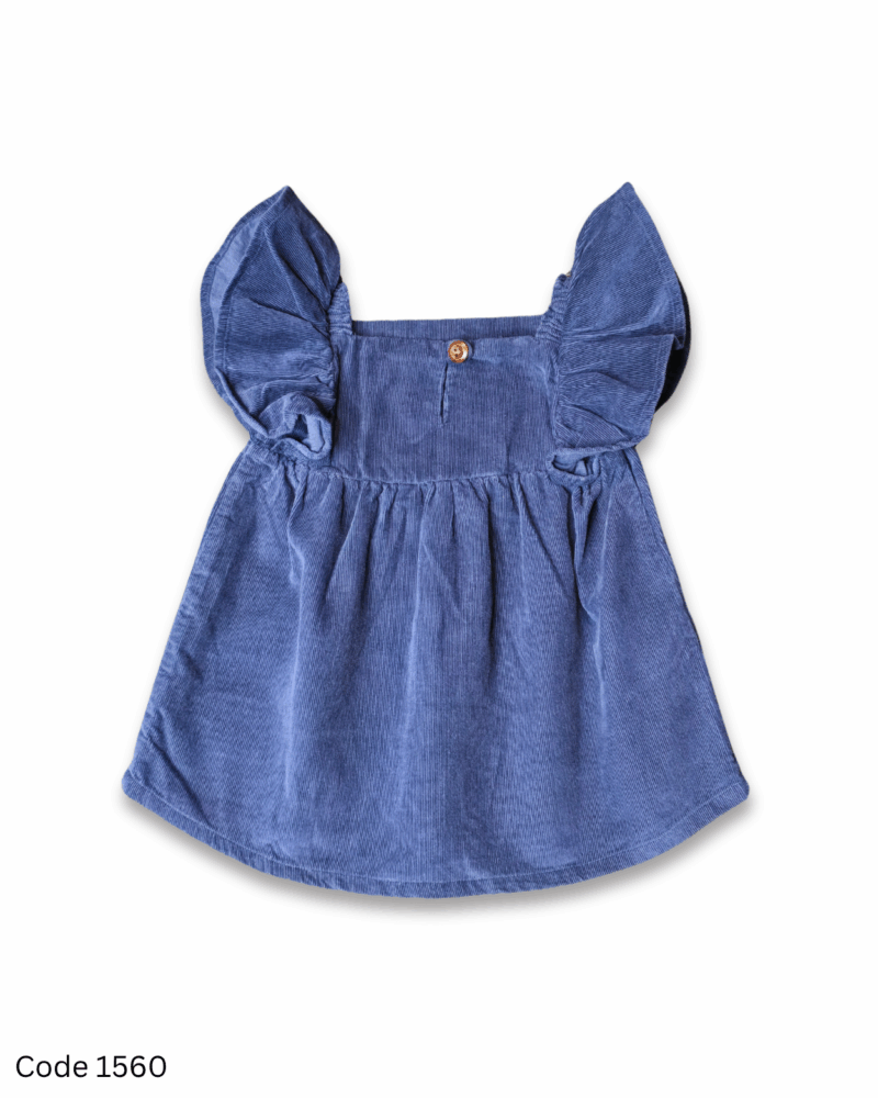 Navy blue corduroy girl dress with flutter elastic sleeves and floral embroidery yoke