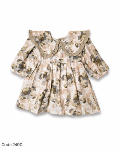 Green floral toddler dress with frill details, long elastic sleeves, and back button opening