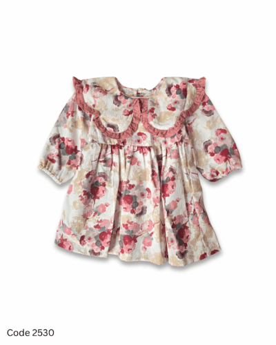 Pink floral printed toddler dress with long elastic sleeves, frill detail, and back button opening