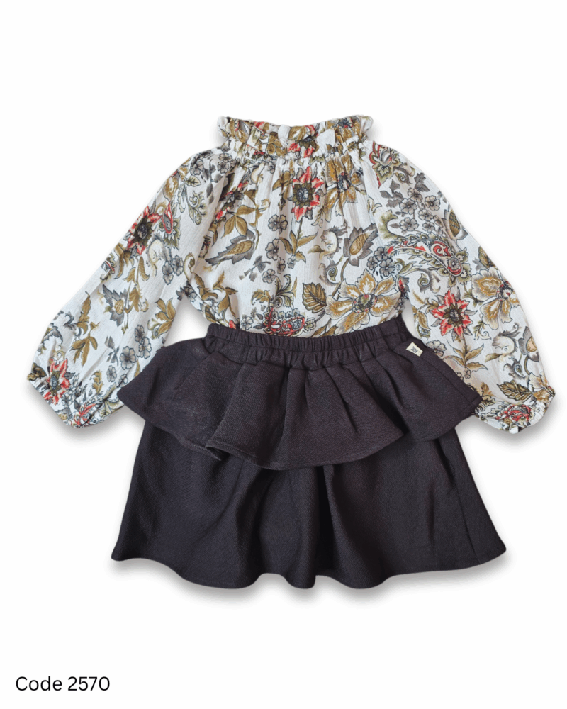 Girls floral print top with full sleeves and elastic neck, paired with layered black skirt with elastic waist