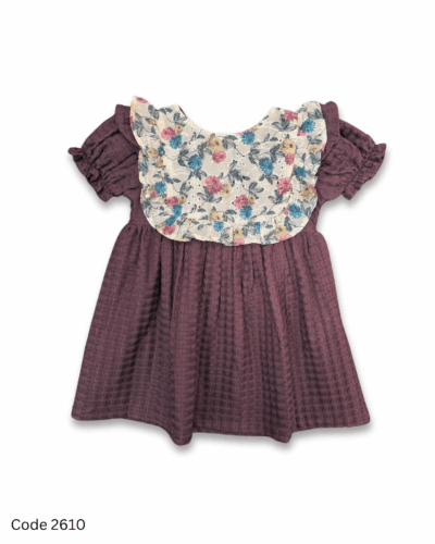 Grape wine toddler dress with floral yoke, short elastic sleeves, and back button opening