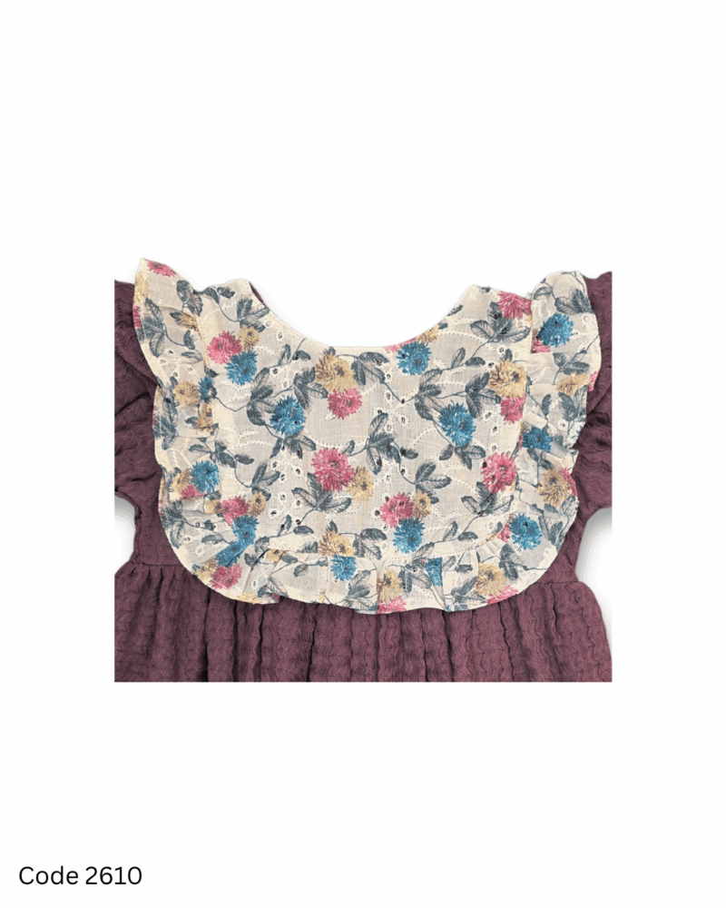 Grape wine toddler dress with floral yoke, short elastic sleeves, and back button opening