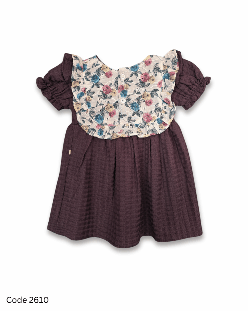 Grape wine toddler dress with floral yoke, short elastic sleeves, and back button opening